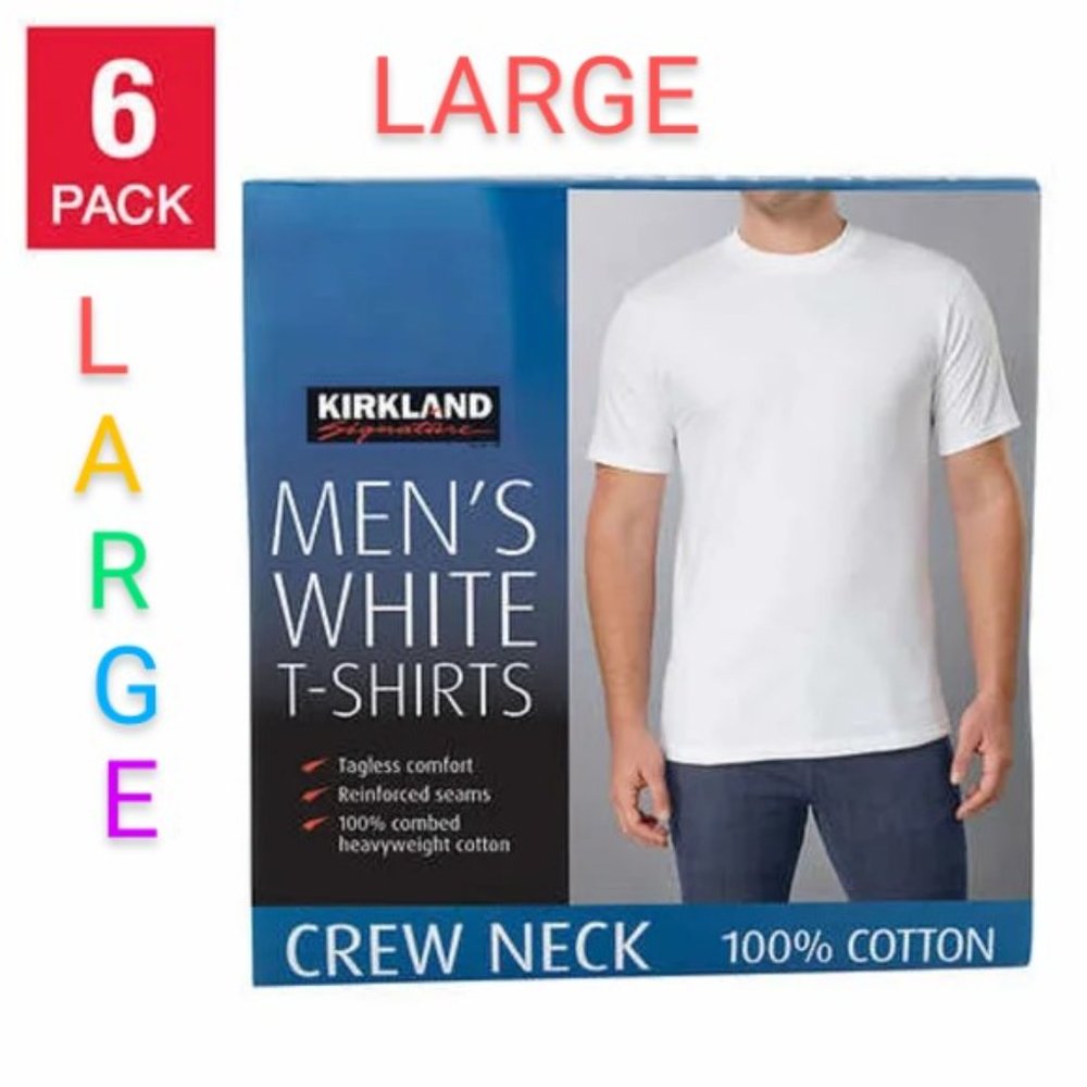 New! Kirkland Signature White Men’s boys Crew Neck Tee 6-pack Size L Large NIB!